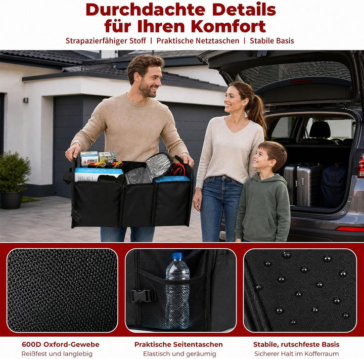 Faltbarer Auto Kofferraum Organizer Universal – 72L Auto Aufbewahrungsbox | Alu-Griffe Trennwände Re