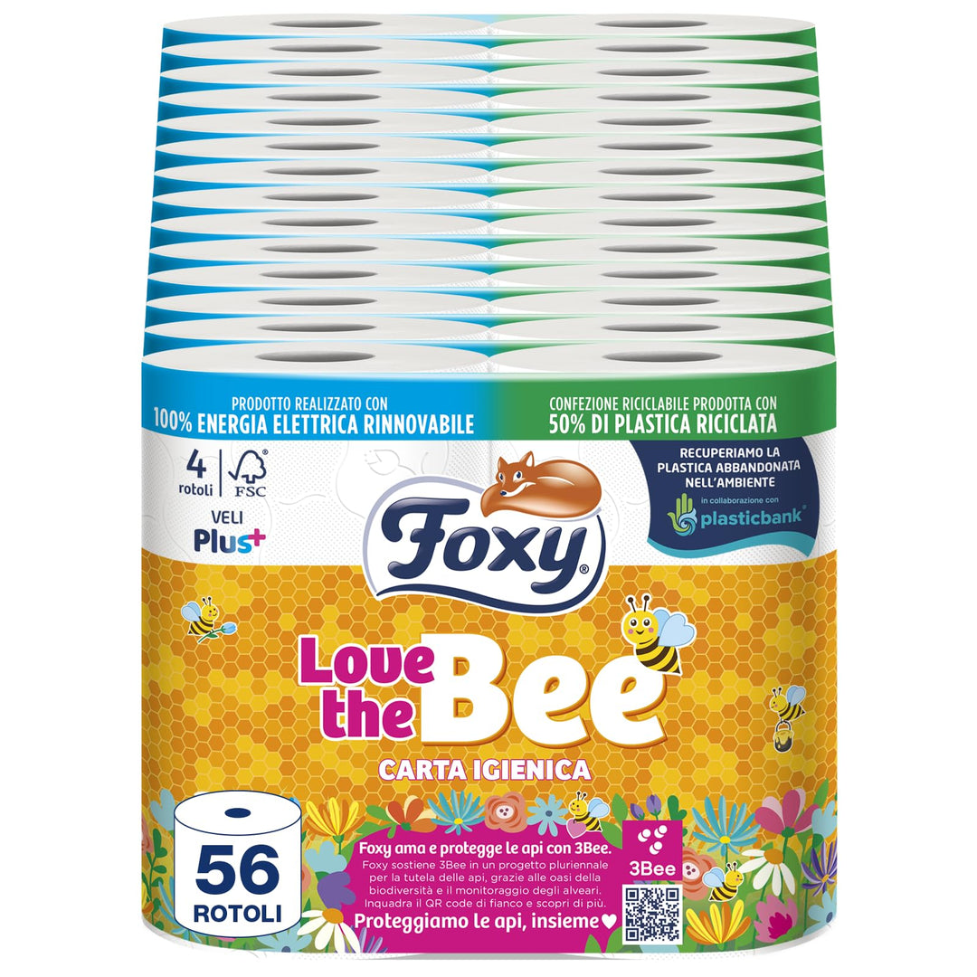 Foxy Love the Bee Toilettenpapier, 56 Rollen à 225 Abreissen, 2-lagig, hohe Dicke, FSC | 100% erneue
