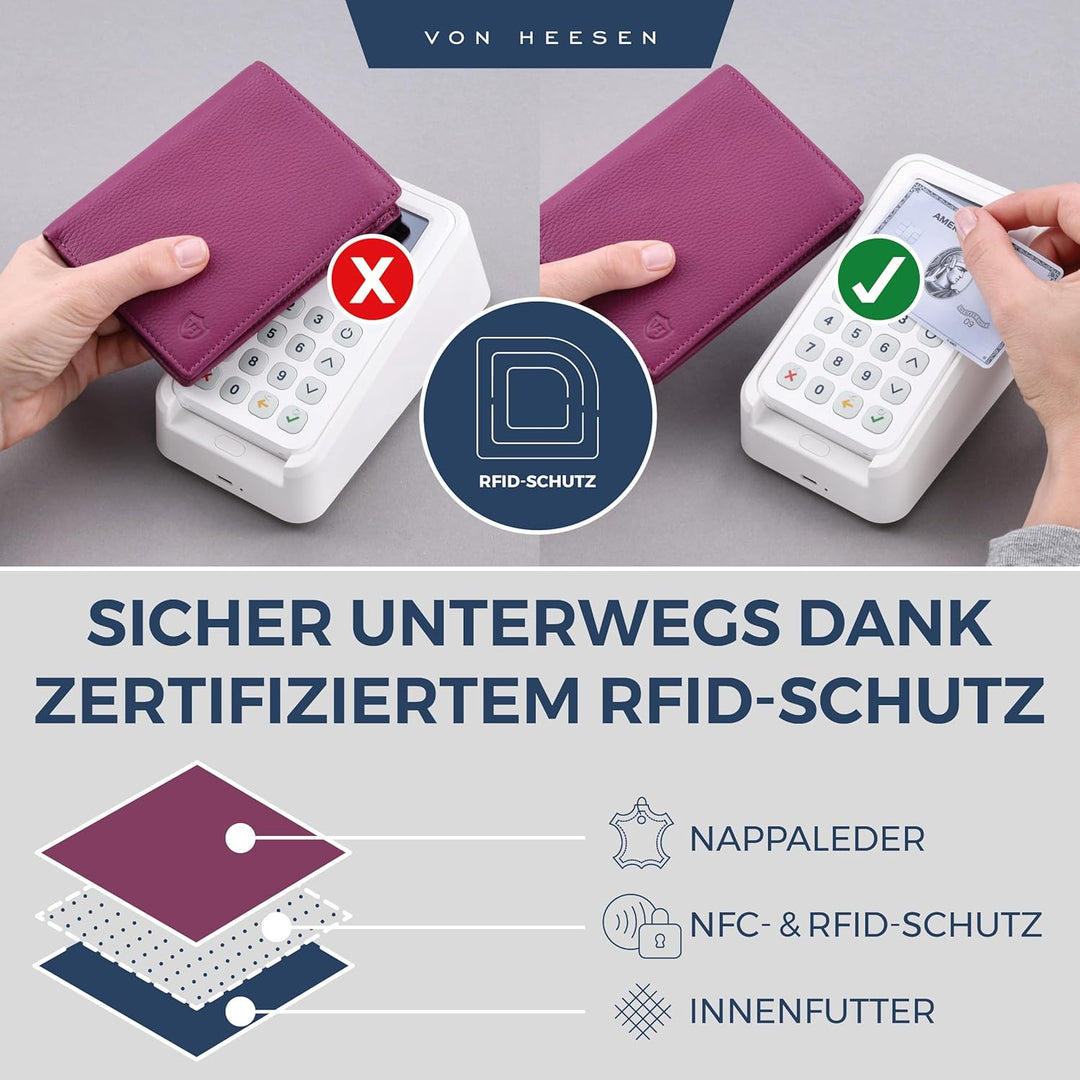 VON HEESEN Leder Geldbörse RFID Schutz I Echtleder Geldbeutel für Damen &amp; Herren I Portemonnaie Brie