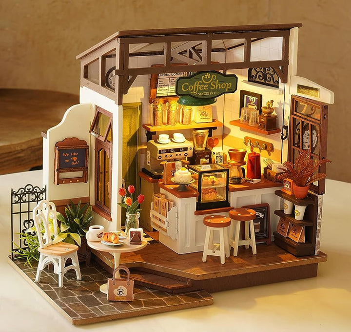 ROBOTIME DIY Holzpuppenhaus Set mit Miniaturmöbeln, Modellbausatz mit Zubehör und LEDs, Modellbausat