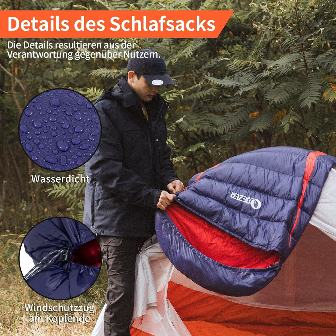 Daunenschlafsack,schlafsack kleines packmass , 600FP+ Premium-Daunen, 12°C bis -24°C, leicht und war