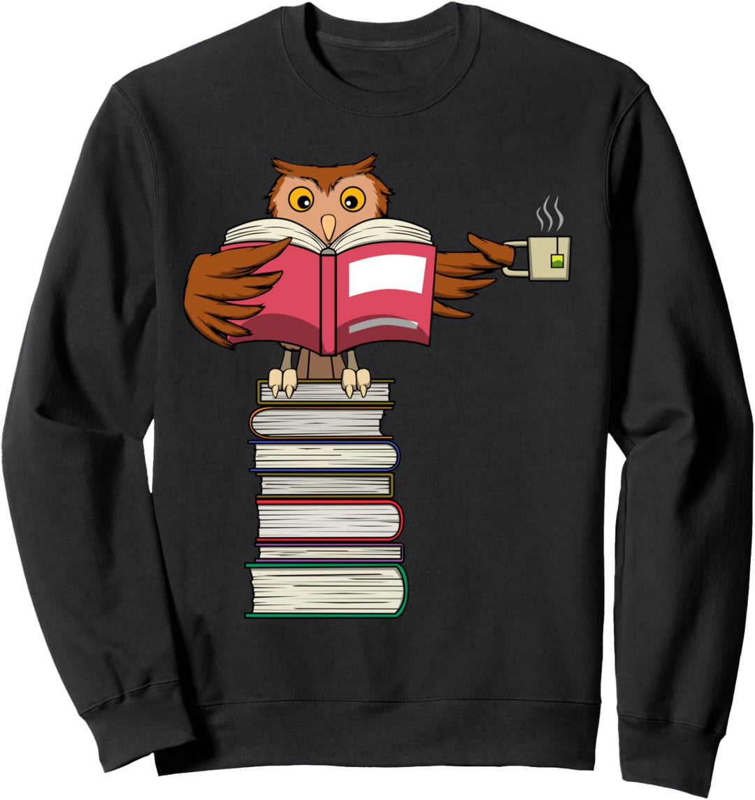 Lustige Eule, die Bücher liest und Tee trinkt Sweatshirt