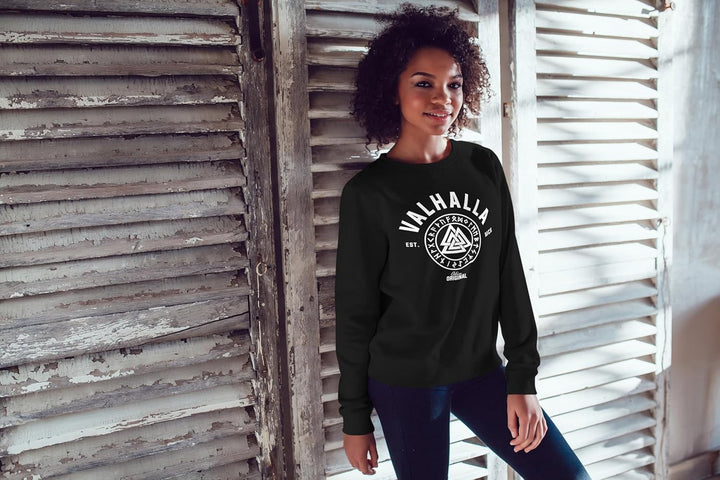 Neverless® Sweatshirt Damen Valhalla Wikinger Motiv Runen Rundhals-Pullover Pulli Sweater schwarz M