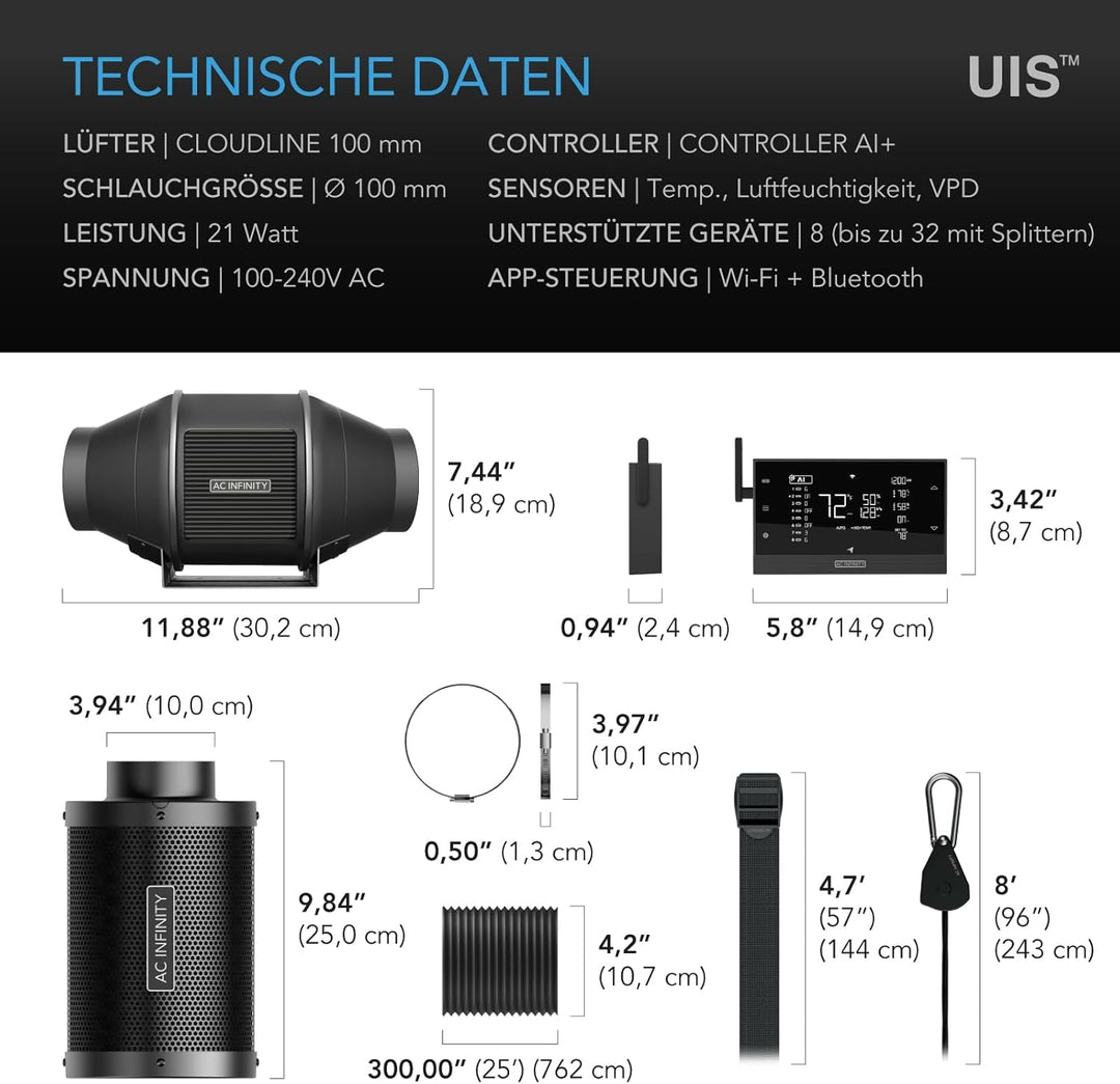 AC Infinity Air Filtration PRO Kit 10.2 cm, AI Controller mit WiFi App Steuerung & Auto Level Adjust
