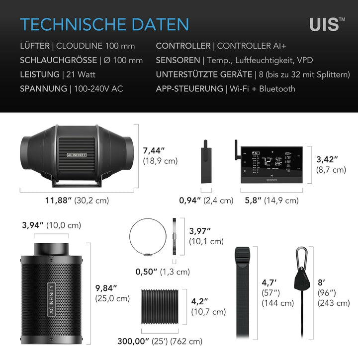 AC Infinity Air Filtration PRO Kit 10.2 cm, AI Controller mit WiFi App Steuerung & Auto Level Adjust
