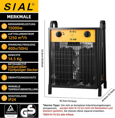 Sial Elektroheizgeräte,15kW Heizgebläse Mit 3 Stufen Der Regulierung/Überhitzungsschutz/Rutschfeste