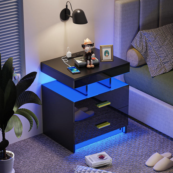Nachttisch LED mit Steckdose(2 AC-Steckdosen & 2 USB-Anschlüsse), Nachtkommode mit 2 Schubladen und