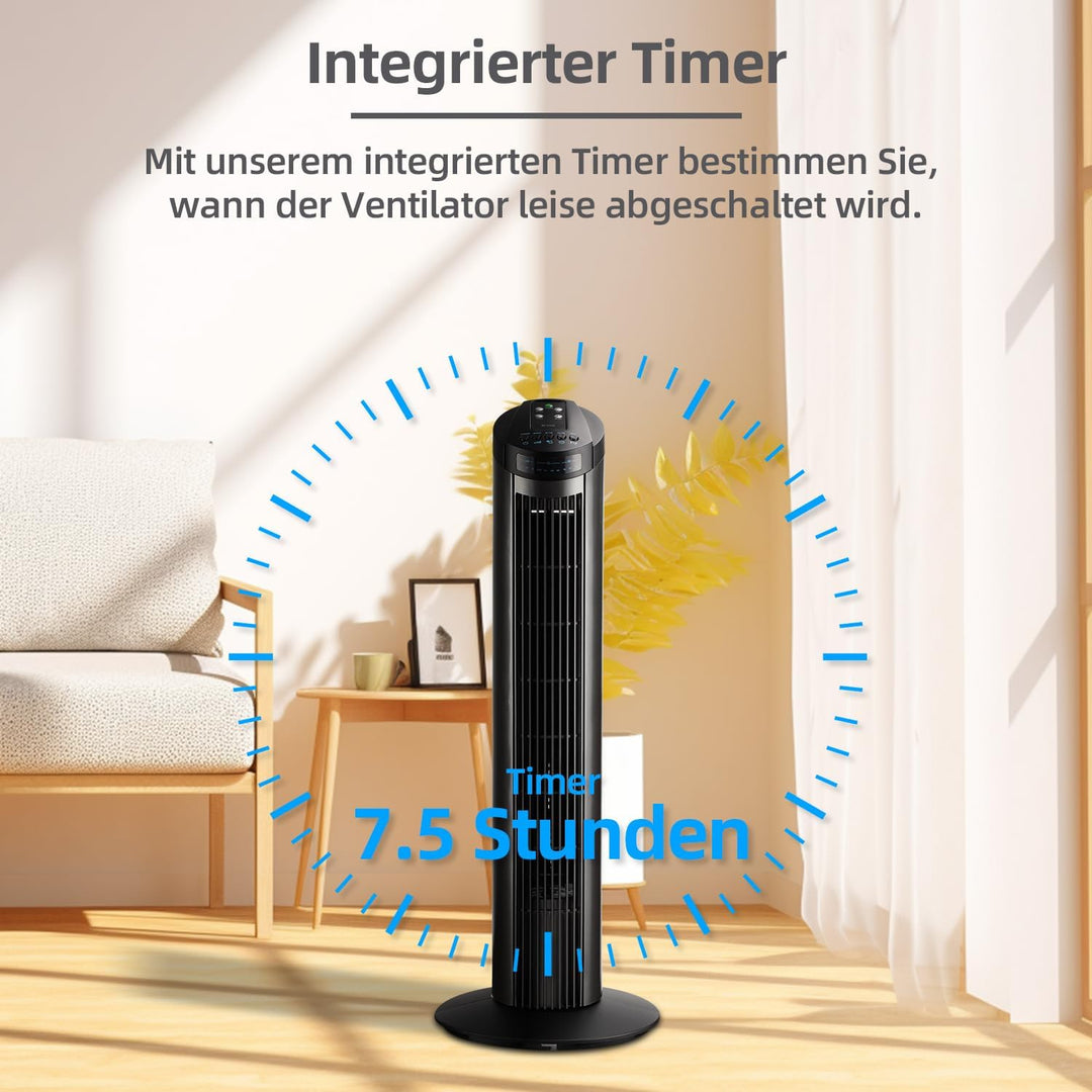 Be Cool Turmventilator 74,5cm mit Fernbedienung BC29TFRC – 74,5 cm, 50 Watt, 3 Windmodi, 7,5 Std. Ti