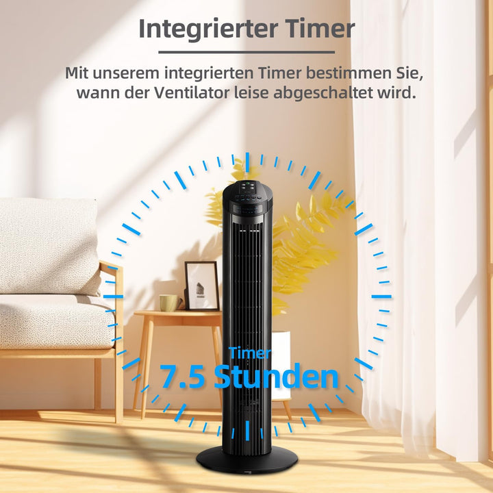 Be Cool Turmventilator 74,5cm mit Fernbedienung BC29TFRC – 74,5 cm, 50 Watt, 3 Windmodi, 7,5 Std. Ti