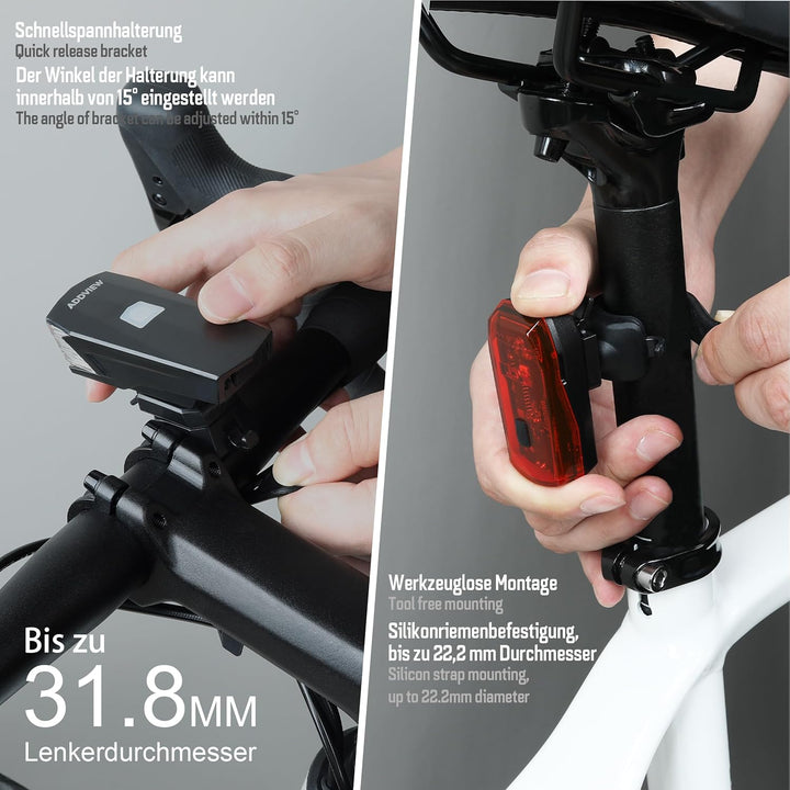 Fahrradlicht-Set Brilliance – LED Frontlicht 30 Lux mit Akku & Rücklicht mit Batteriebetrieb, StVZO