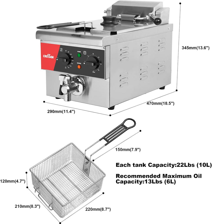 CROSSON 6L elektrische Arbeitsplattenfritteuse Extra gross mit Abfluss, Timer, Korb und Deckel für d