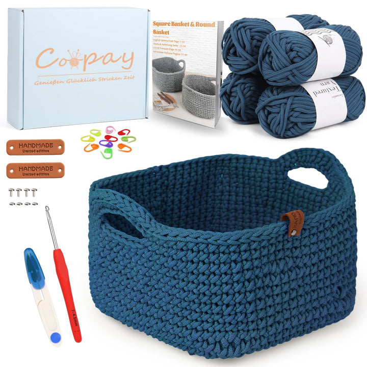 Coopay Häkelset für Anfänger, Square Körbe Häkel Set mit Häkelanleitung, DIY Häkelset für Körbe Häke