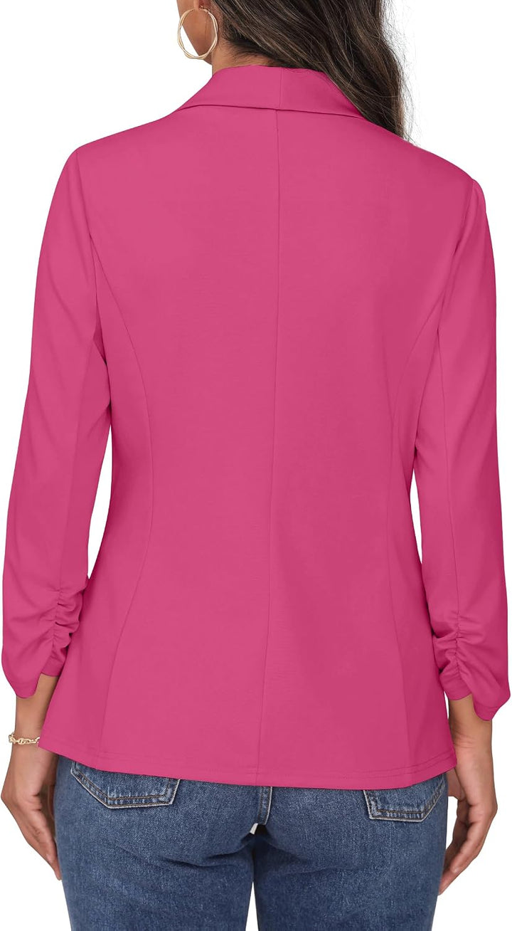 PrinStory Blazer Für Damen 3/4 Geraffte Ärmel Blazer Geschäft Büro Blazer Anzug Sportlich Jack Trenc