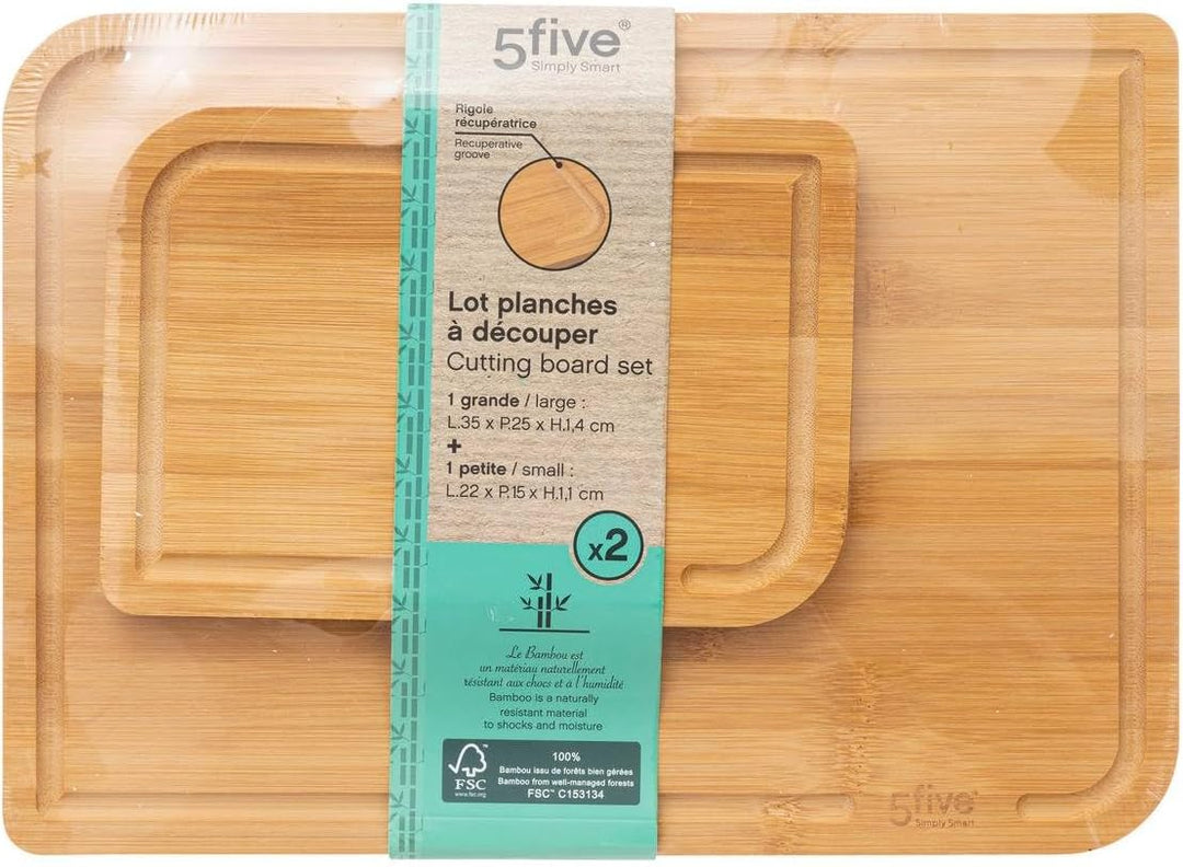 5five – Set mit 2 Bambus-Schneidebrettern – 35 x 25 cm und 22 x 15 cm, mit Nut – Küchenutensil