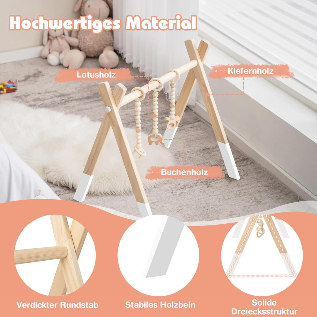 COSTWAY Baby Spielbogen Holz, Spieltrapez klappbar, Baby Gym mit 3 abnehmbaren Kinderspielzeugen, Sp
