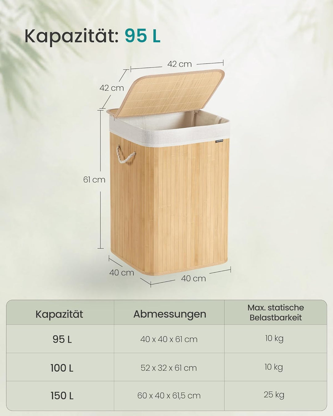 SONGMICS Wäschekorb, 95 L Wäschesammler mit Deckel, Wäschebox Bambus, mit Griffen, faltbar, Wäschesa