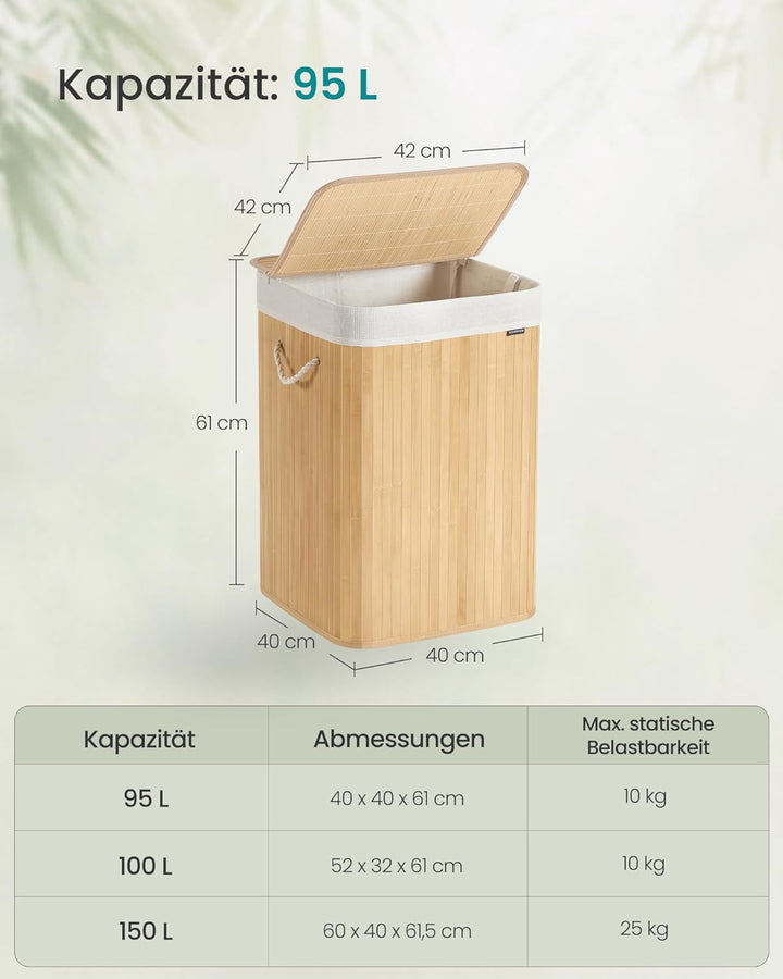 SONGMICS Wäschekorb, 95 L Wäschesammler mit Deckel, Wäschebox Bambus, mit Griffen, faltbar, Wäschesa