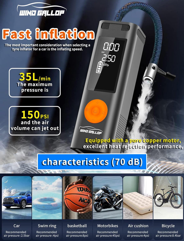 WindGallop Auto Kompressor 12V Luftpumpe Reifenfüller mit Manometer - Kleiner tragbarer Luftkompress