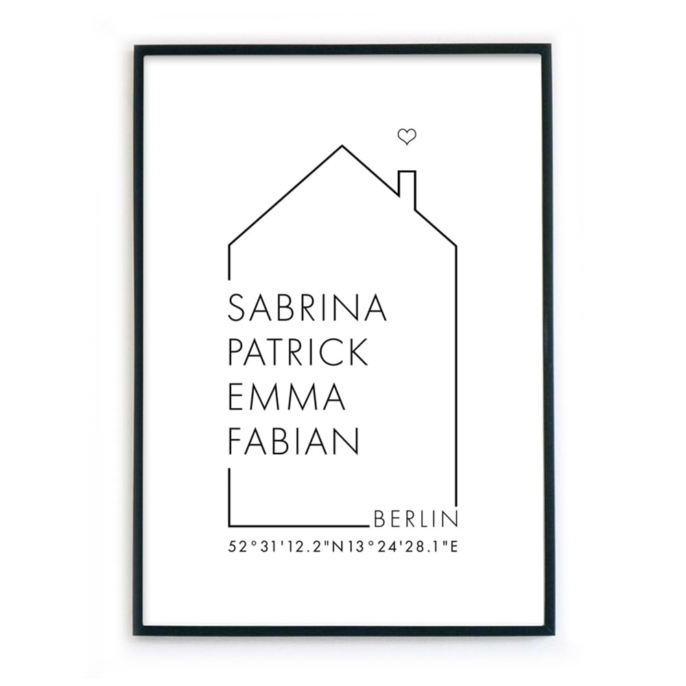 Personalisiertes Familien Haus Poster – Personalisiertes Geschenk - Bild für euer Zuhause - ohne Bil