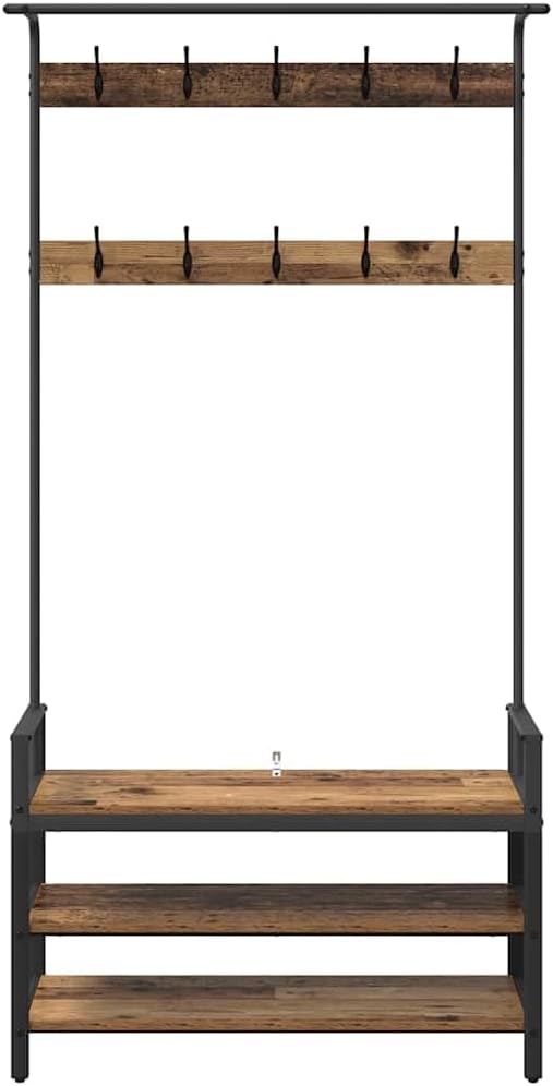 Hothingwell Garderobenständer aus Holz, antik, 95 x 34 x 184 cm, Ingenieurholz | Integrierte Aufbewa