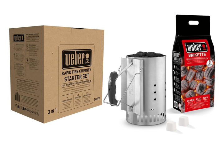 Weber Anzündset -Rapidfire Starter Set, besteht aus Amzündkamin - Gross (32cm), 2Kg Holzkohlebrikett