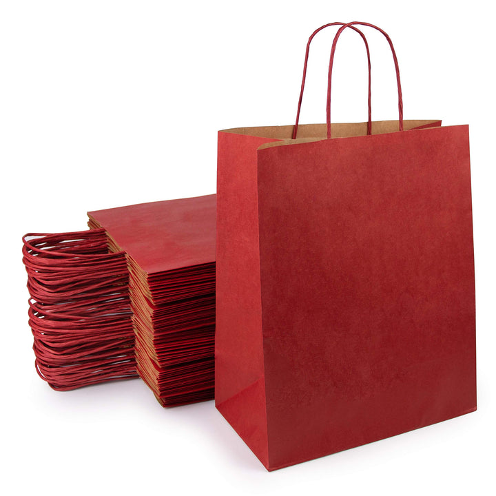 Extiff 50 rote Einkaufstaschen, aus Kraftpapier, mit Griffen, 26 x 14 x 32 cm, Einkaufstasche/Verpac