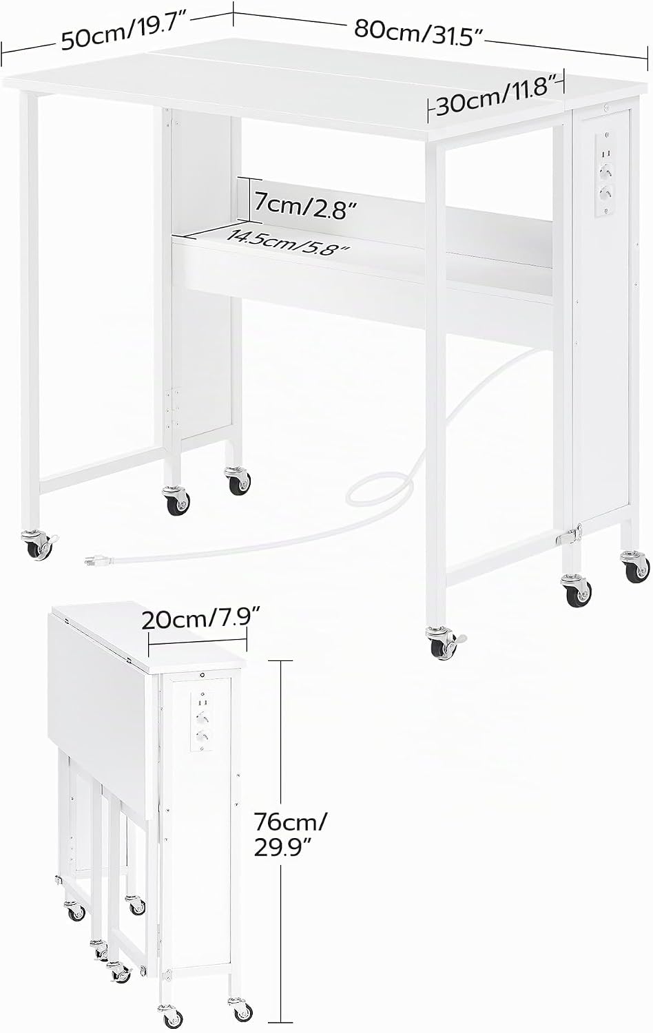 Klappbarer Computertisch mit Rollen, Kleiner Klapptisch mit Ladestation, 80 cm klappbarer Schreibtis