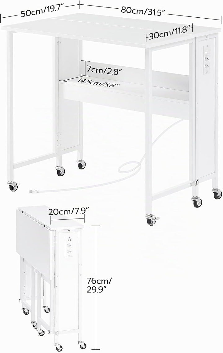 Klappbarer Computertisch mit Rollen, Kleiner Klapptisch mit Ladestation, 80 cm klappbarer Schreibtis