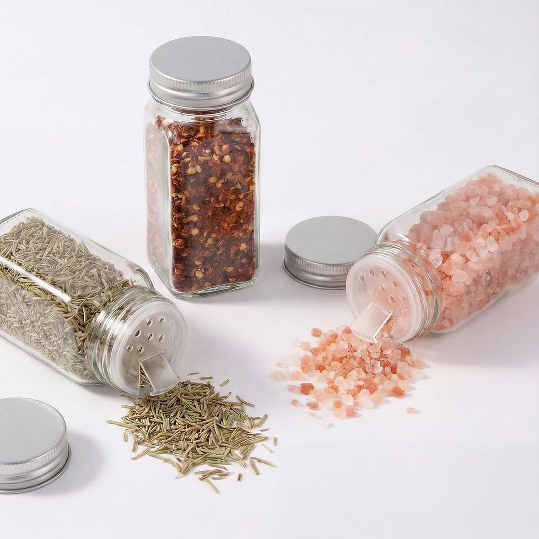 24er Set Gewürzgläser Eckig mit Streueinsatz, 120ml Gewürzgläser Leer aus Glas, Inkl. Etiketten, Tri