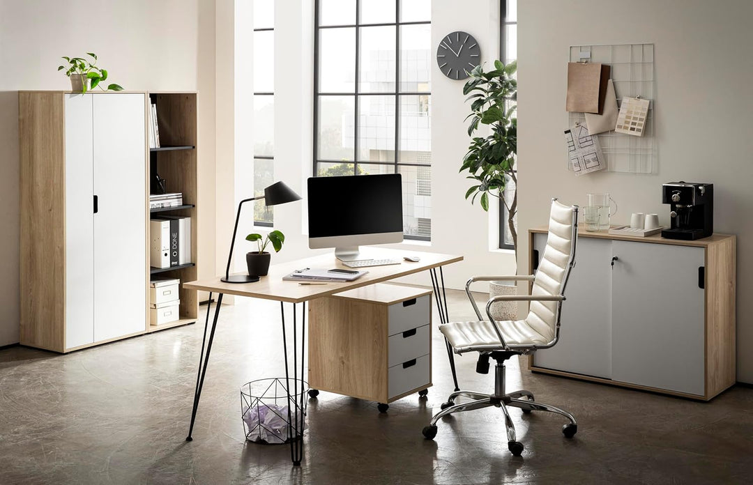 Schildmeyer Rollcontainer Emmik 159594, weisseiche Dekor/mattweiss, 40 x 50 x 57 cm Weiss Eiche Deko