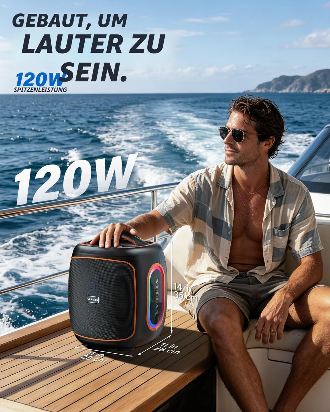 Bluetooth Lautsprecher Gross 120W, Tragbare Musikbox mit kraftvollem Sound, 6,5'' Woofer, Tiefbass &