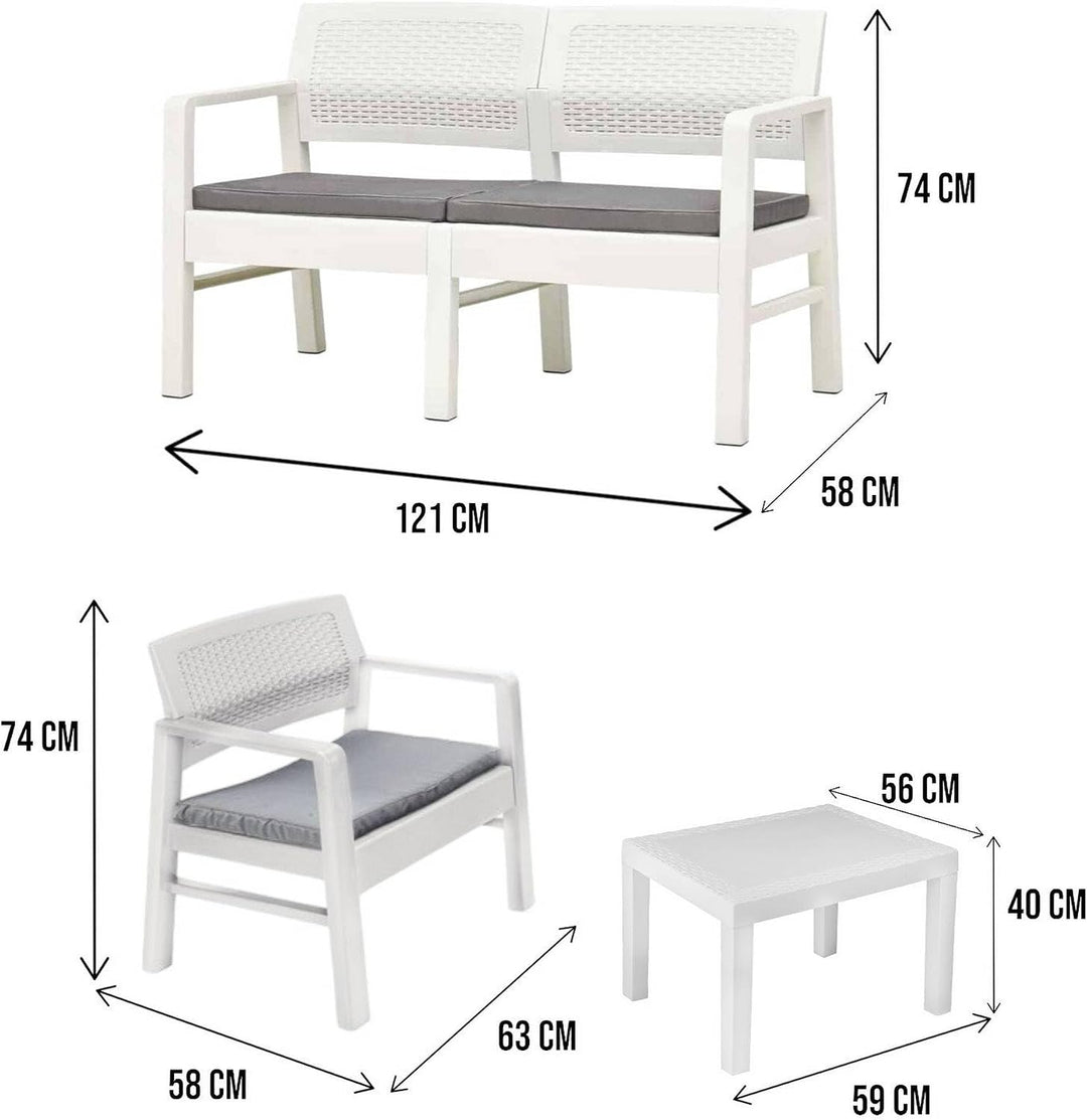 Dmora Indoor- und Outdoor-Lounge bestehend aus: 2 Sesseln, 1 Zweisitzer-Sofa und 1 Couchtisch, mit K