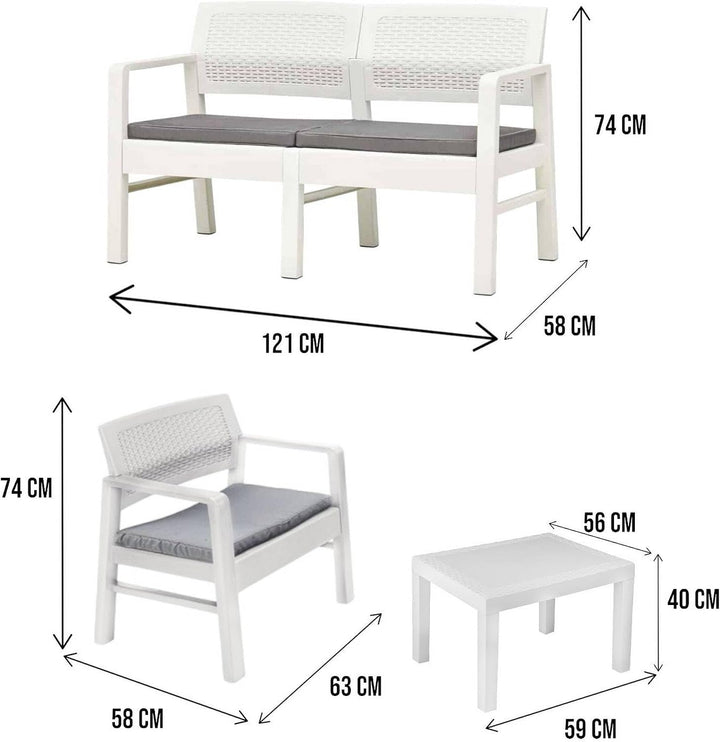 Dmora Indoor- und Outdoor-Lounge bestehend aus: 2 Sesseln, 1 Zweisitzer-Sofa und 1 Couchtisch, mit K