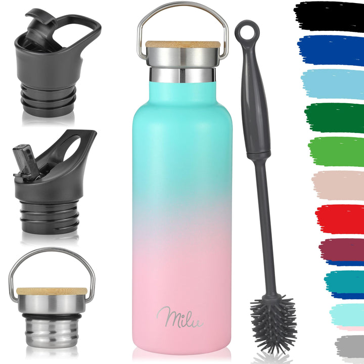 Milu Edelstahl Trinkflasche 500ml, 750ml, 1000ml (+3 Deckel) - Thermosflasche mit Strohhalm, Isolier