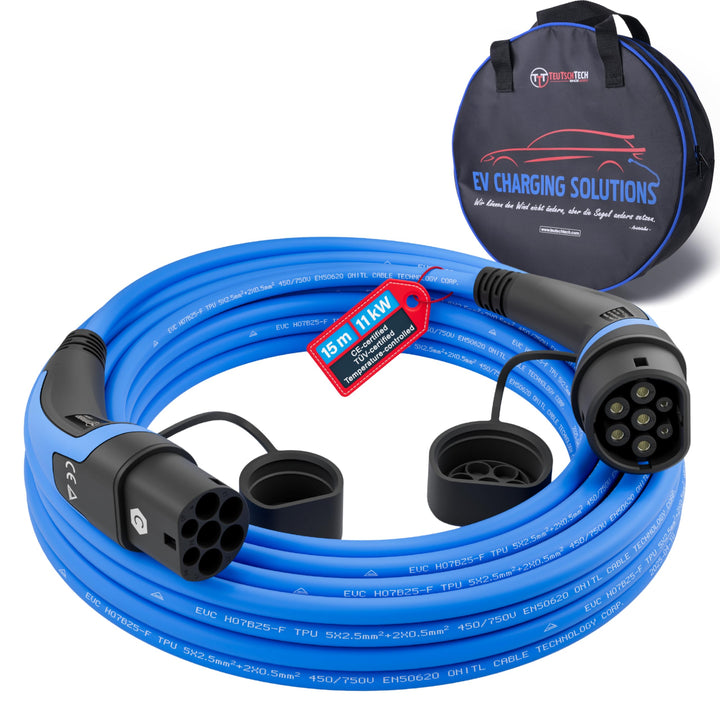 TEUTSCHTECH, EV Ladekabel blau I 15M I TYP2 - TYP2 I 11kW I 3X16A I 3-phasig I Mit Lade- Temperaturü