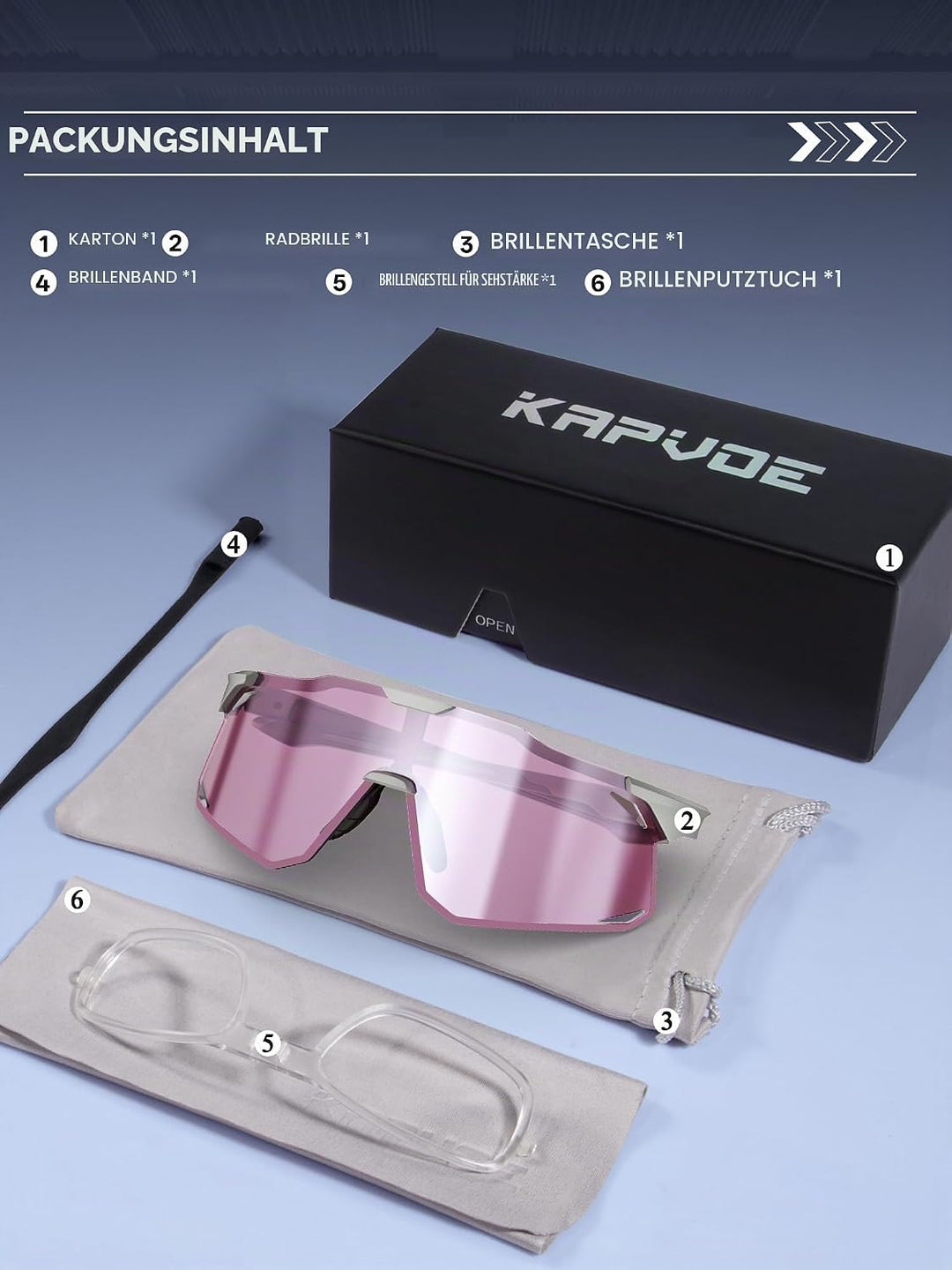 KAPVOE Fahrradbrille Herren Damen mit 3-stufig verstellbaren Bügeln K347 Grau-Rosasilber, Grau-Rosas