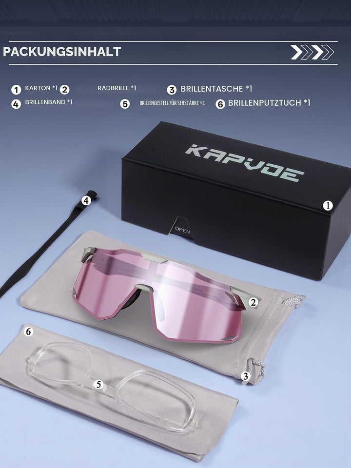 KAPVOE Fahrradbrille Herren Damen mit 3-stufig verstellbaren Bügeln K347 Grau-Rosasilber, Grau-Rosas