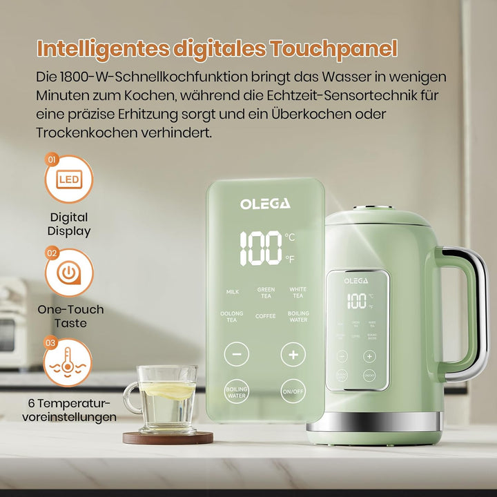 OLEGA Wasserkocher: 1800 W Wasserkocher mit Temperaturregelung, 1,5 l Fassungsvermögen, Edelstahl, S