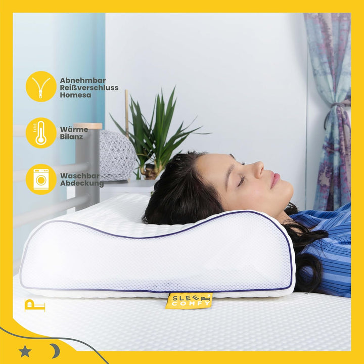 SLEEP COMFY - Premium Visco HWS Nackenkissen, 60x40x14/12cm, Kopfkissen mit Bezug, Nackenstützkissen
