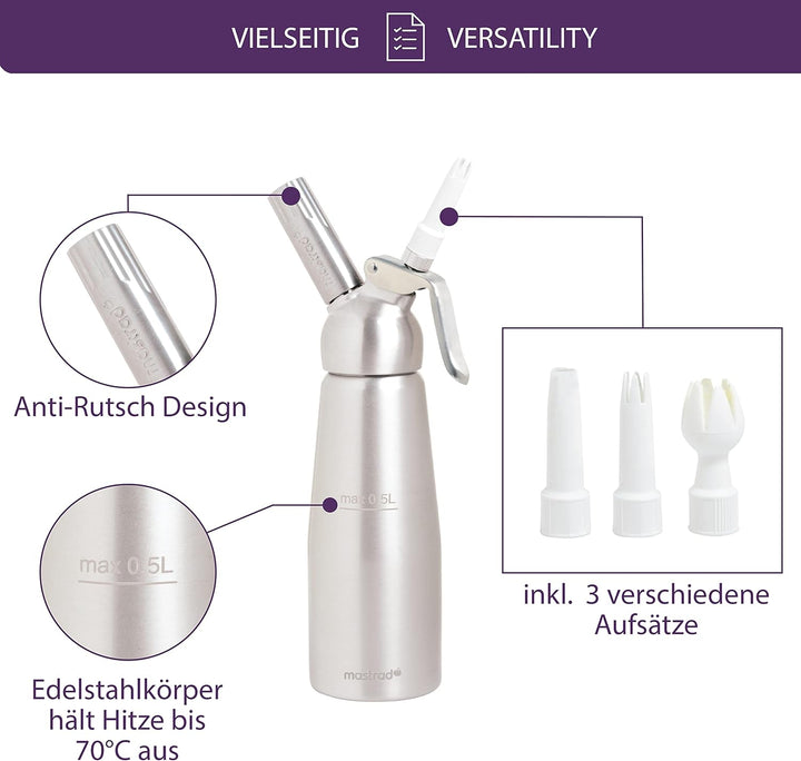 MASTRAD - 0,5 l Siphon-Sahne-Saucen Chantilly Hot oder Cold Foams - Abnehmbarer Kopf - Ultrabeständi