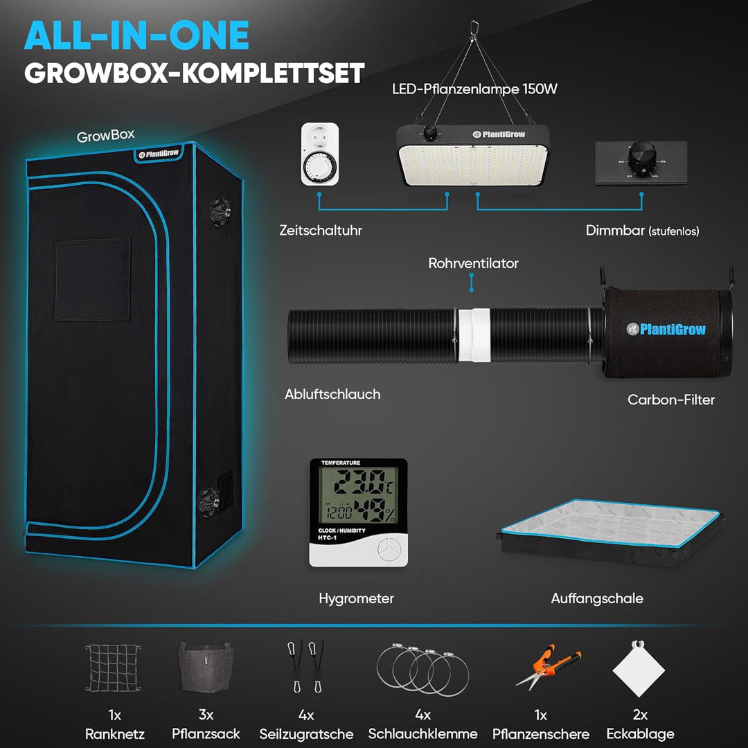 Growbox Komplettset – Indoor Gewächshaus mit 150W Vollspektrum LED Lampe (Dimmbar), 1680D, Carbon-Fi