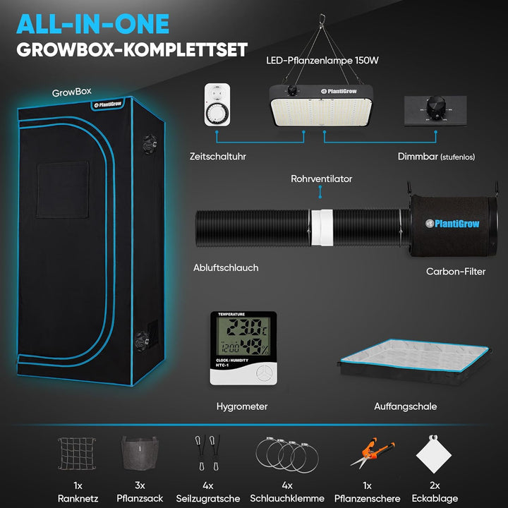 Growbox Komplettset – Indoor Gewächshaus mit 150W Vollspektrum LED Lampe (Dimmbar), 1680D, Carbon-Fi
