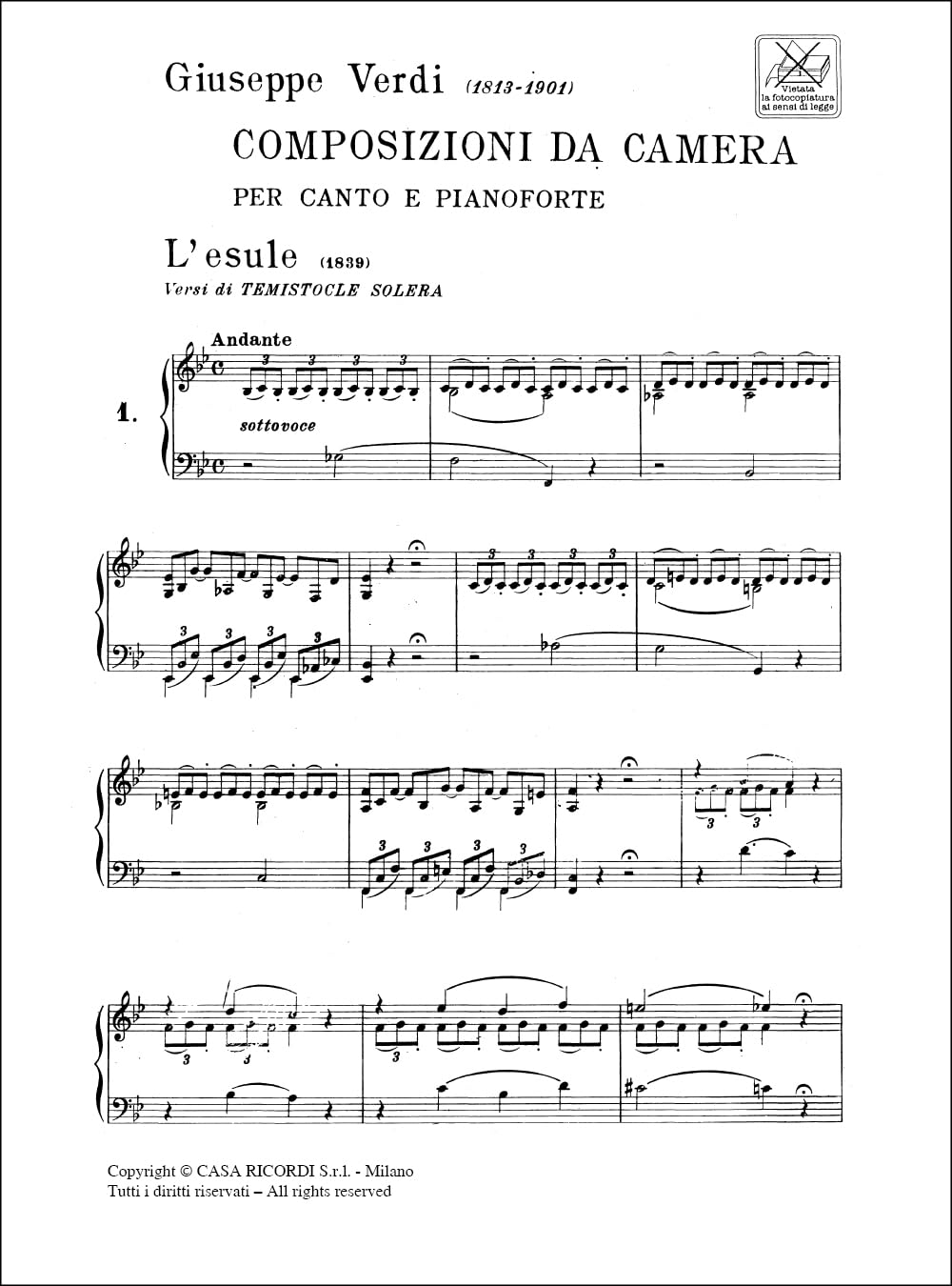 GIUSEPPE VERDI : COMPOSIZIONI DA CAMERA - RECUEIL - SOPRANO VOICE AND PIANO, Musiknoten