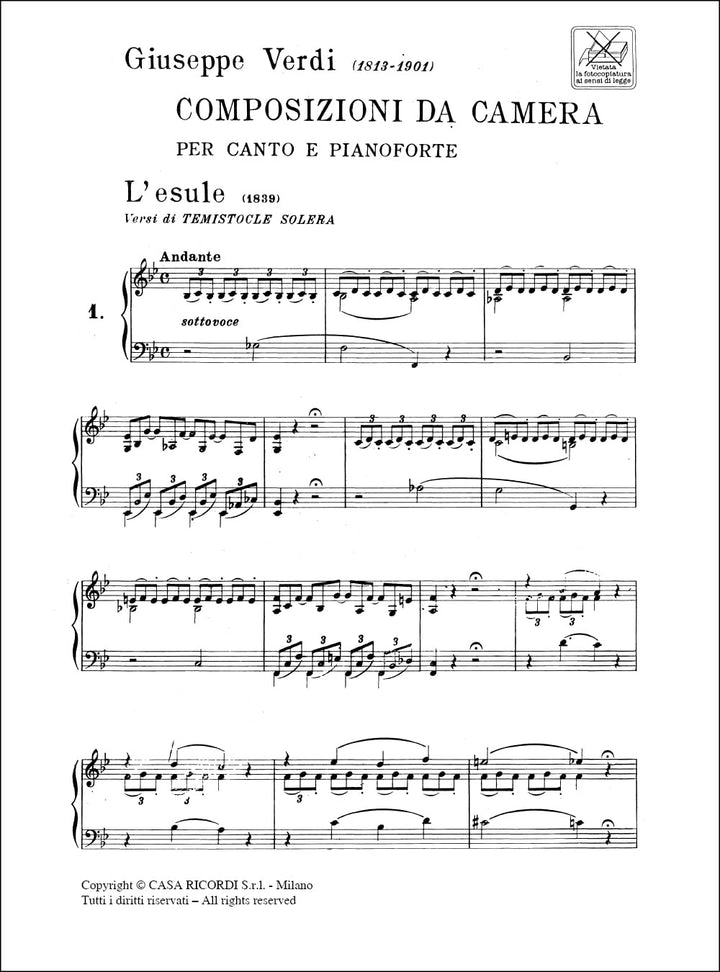 GIUSEPPE VERDI : COMPOSIZIONI DA CAMERA - RECUEIL - SOPRANO VOICE AND PIANO, Musiknoten
