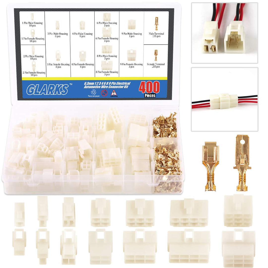Glarks 400 Stück 6,3 mm 1 2 3 4 6 8 9 Pin Elektroauto-Drahtverbinder männlich weiblich Steckdose Ste