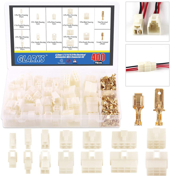 Glarks 400 Stück 6,3 mm 1 2 3 4 6 8 9 Pin Elektroauto-Drahtverbinder männlich weiblich Steckdose Ste