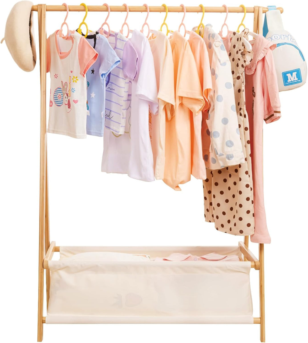 Yorbay Kinder Kleiderständer Bambus Garderobenständer mit Aufbewahrungskiste, Kindergarderobe mit Kl