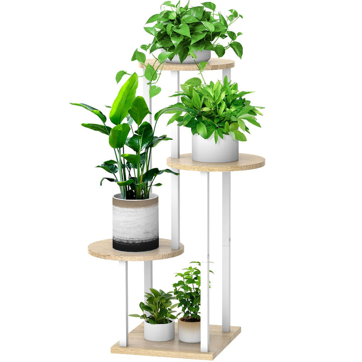 YOCOMEY 4 Tier Hölzern Blumenregal Metall Pflanzenregal, Mehrstöckig Blumenständer Pflanzenständer B