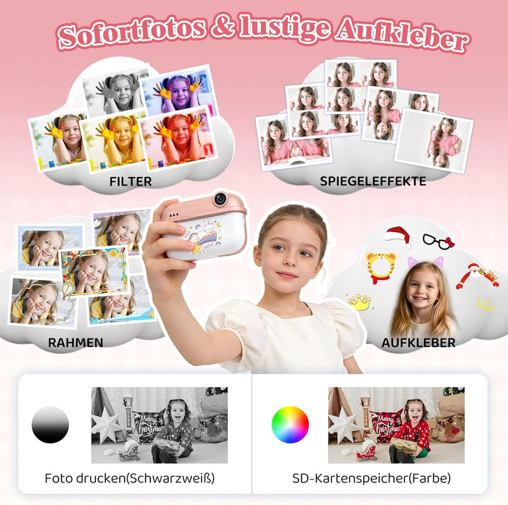 Kinderkamera Sofortbildkamera, 48MP Digitalkamera Kinder mit Dual-Kamera, mit Druckpapier & 32G TF K