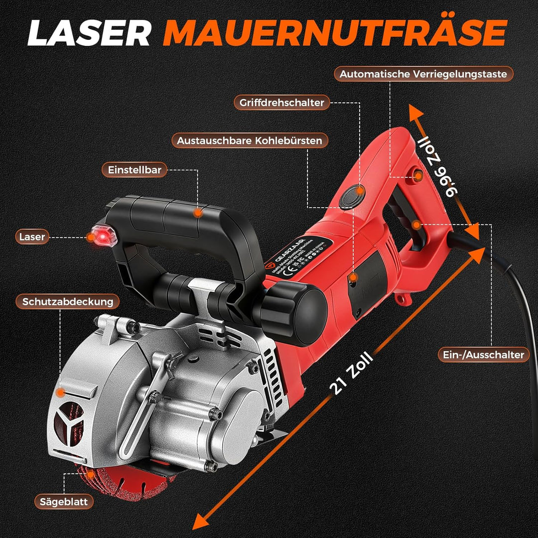 Mauernutfräse 4200W mit Laser & Softstart, Schlitzfräse Wandfräse 6500 U/min, Schnittbreite bis 42 m